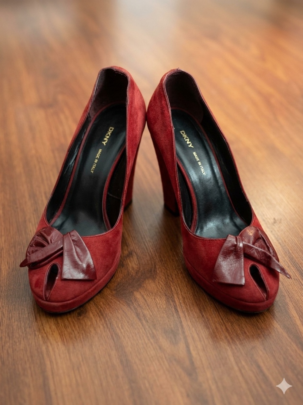DKNY Burgundy Suede Peep-Toe Pumps with Bow Accent-Made in ITALY